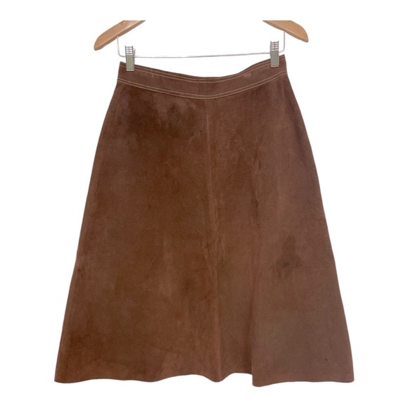 Vintage Brown Genuine Suede Snap Front A-Line Skirt Western Boho Midi size Small - Picture 2 of 9